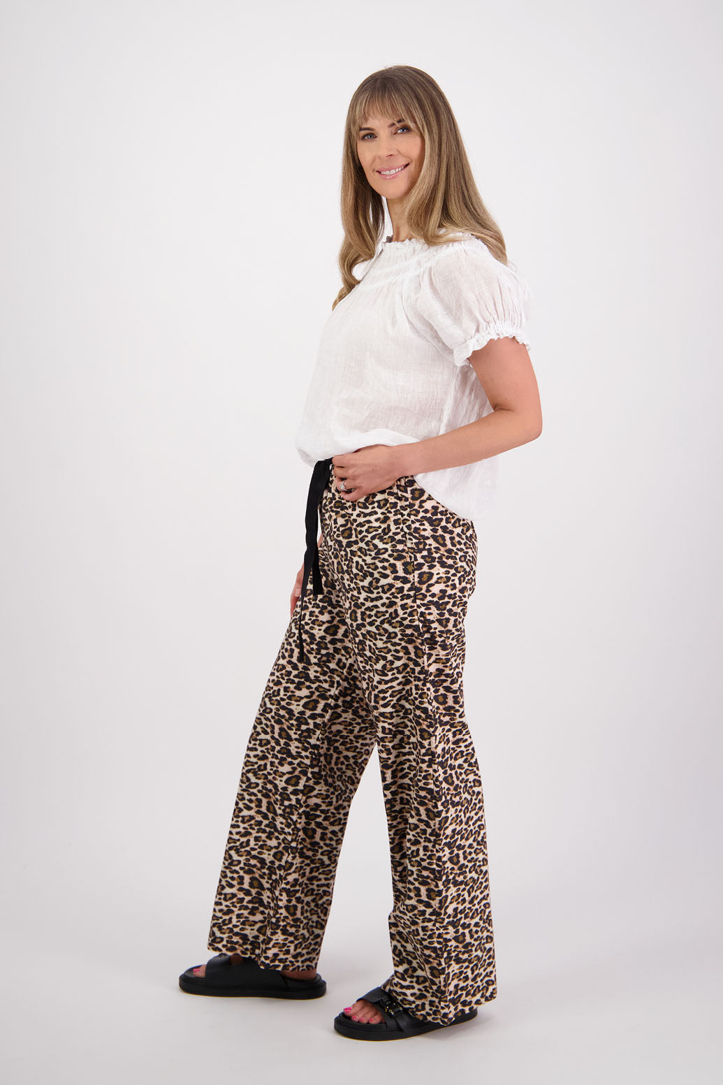 Womens wide leg leopard print pant with draw cord waist. Cotton Poplin. Briarwood NZ. Sam