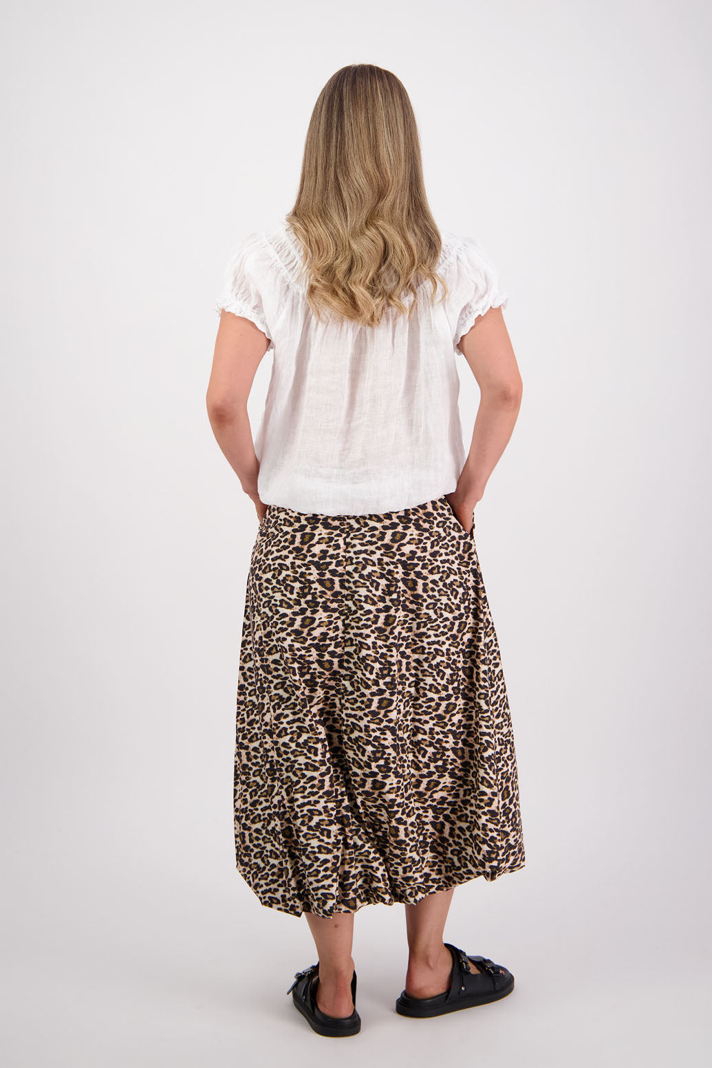 Womens Cotton Poplin skirt with bubble hem and drawcord waist. Leopard Print. Briarwood NZ. Sammy