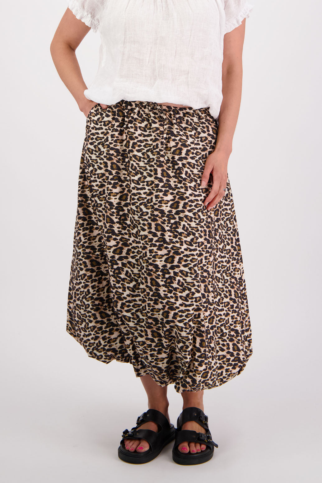 Womens Cotton Poplin skirt with bubble hem and drawcord waist. Leopard Print. Briarwood NZ. Sammy