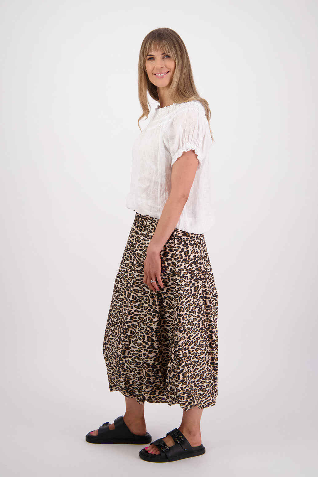 Womens Cotton Poplin skirt with bubble hem and drawcord waist. Leopard Print. Briarwood NZ. Sammy
