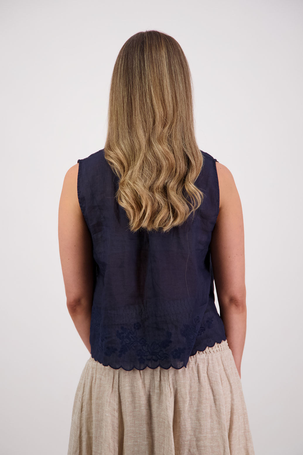 Briarwood NZ Sara Top. Ink, sleeveless, V neck, embroidered bottom