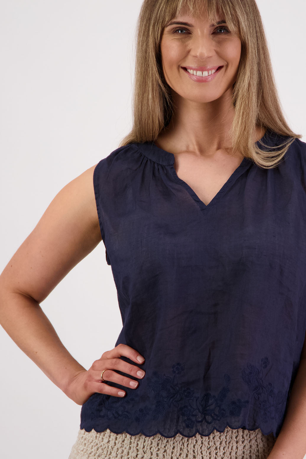 Briarwood NZ Sara Top. Ink, sleeveless, V neck, embroidered bottom