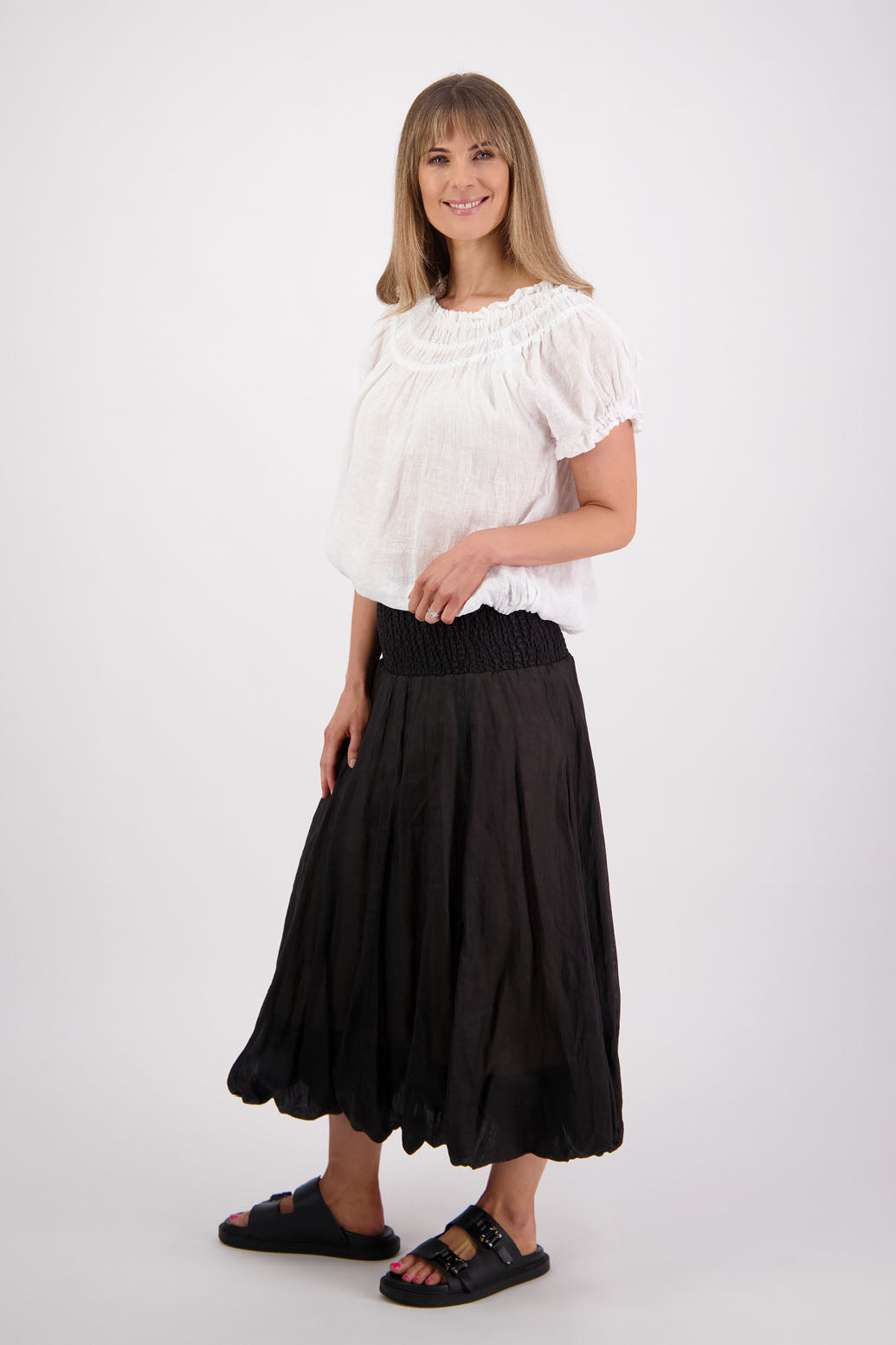 Sarah, women's shirred waist long skirt with bubble hem. Ramie. Briarwood NZ. Black