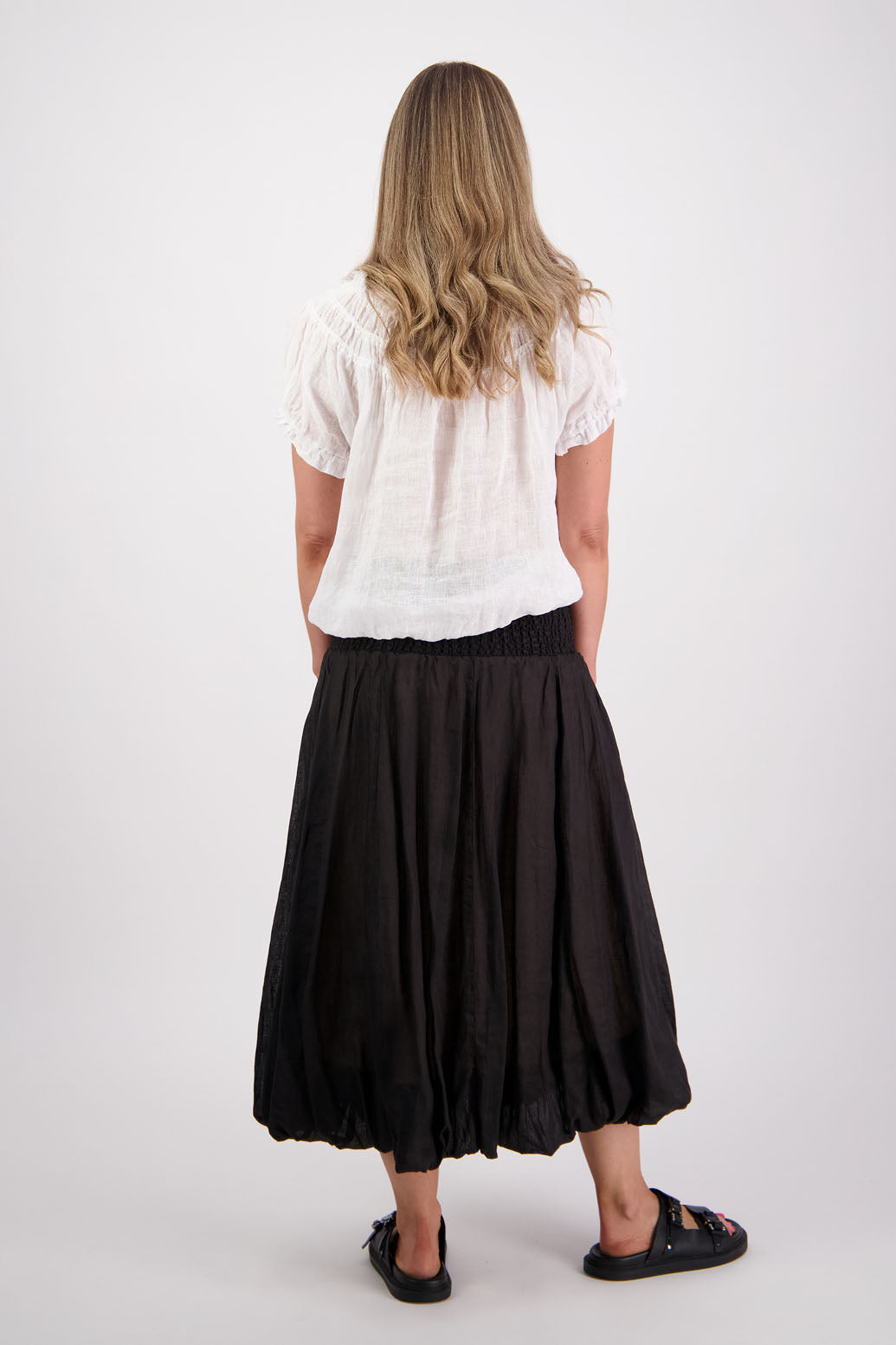 Sarah, women's shirred waist long skirt with bubble hem. Ramie. Briarwood NZ. Black