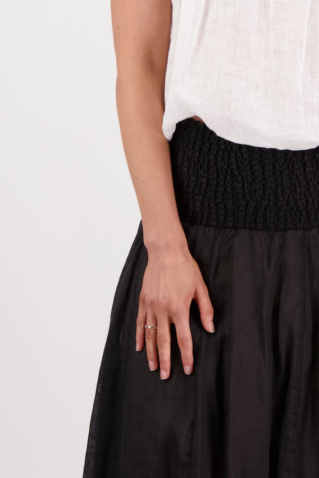 Sarah, women's shirred waist long skirt with bubble hem. Ramie. Briarwood NZ. Black