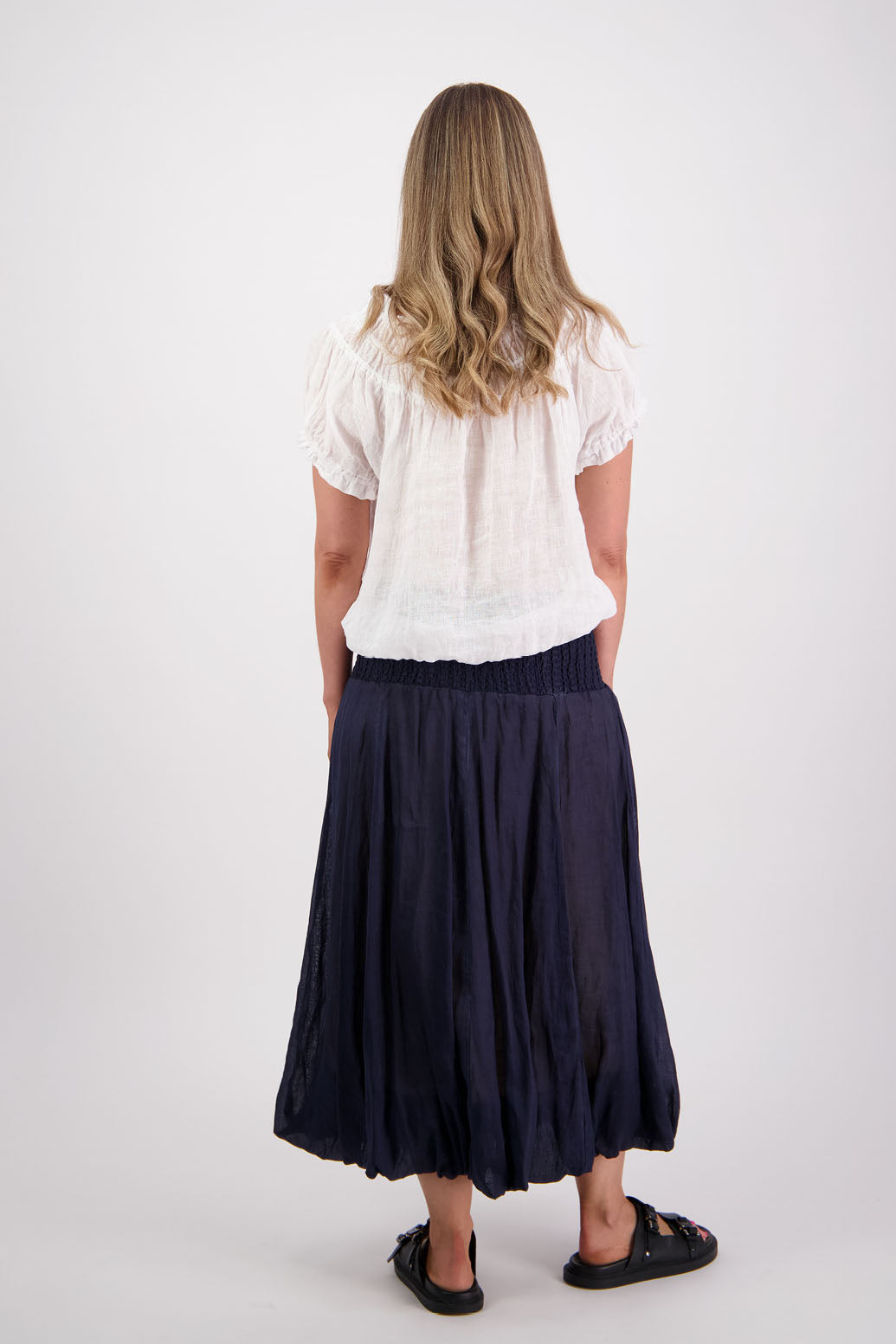 Sarah, women's shirred waist long skirt with bubble hem. Ramie. Briarwood NZ. Ink/Navy