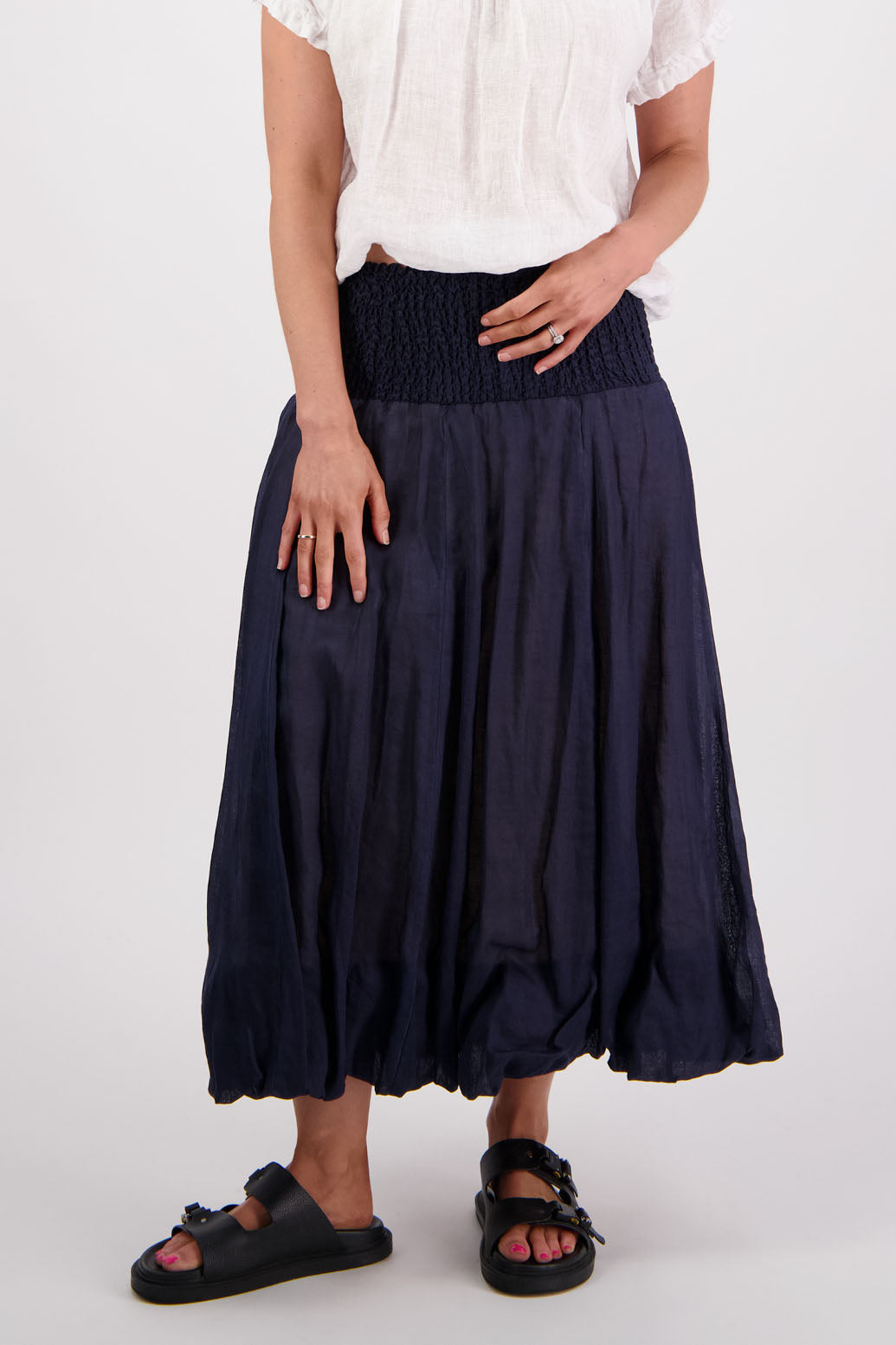 Sarah, women's shirred waist long skirt with bubble hem. Ramie. Briarwood NZ. Ink/Navy