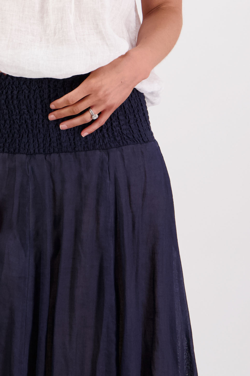 Sarah, women's shirred waist long skirt with bubble hem. Ramie. Briarwood NZ. Ink/Navy