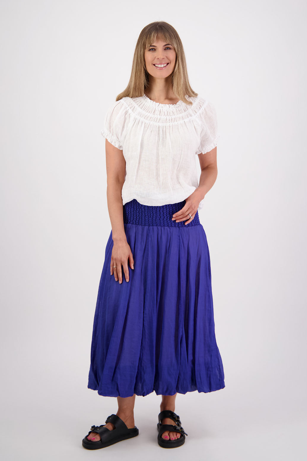 Sarah, women's shirred waist long skirt with bubble hem. Ramie. Briarwood NZ. Royal Blue