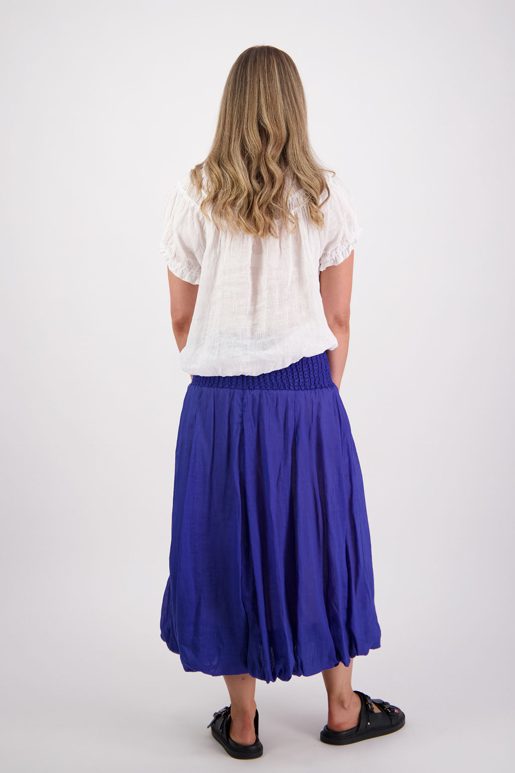 Sarah, women's shirred waist long skirt with bubble hem. Ramie. Briarwood NZ. Royal Blue