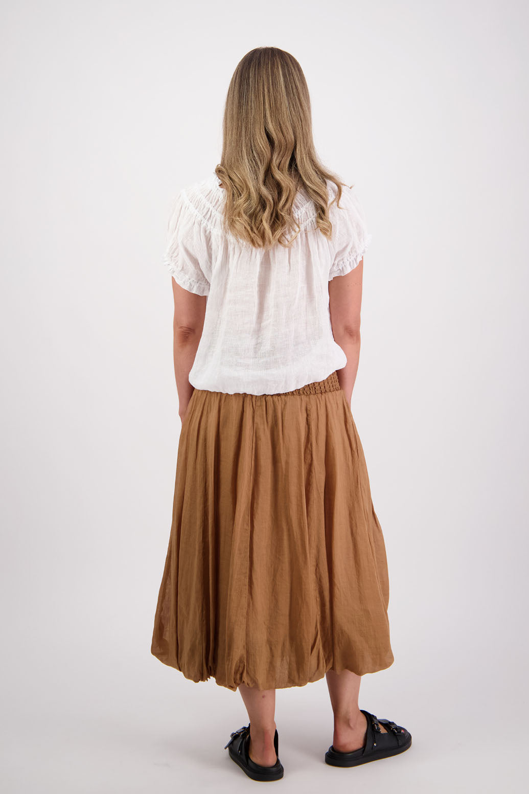 Sarah, women's shirred waist long skirt with bubble hem. Ramie. Briarwood NZ. Tan