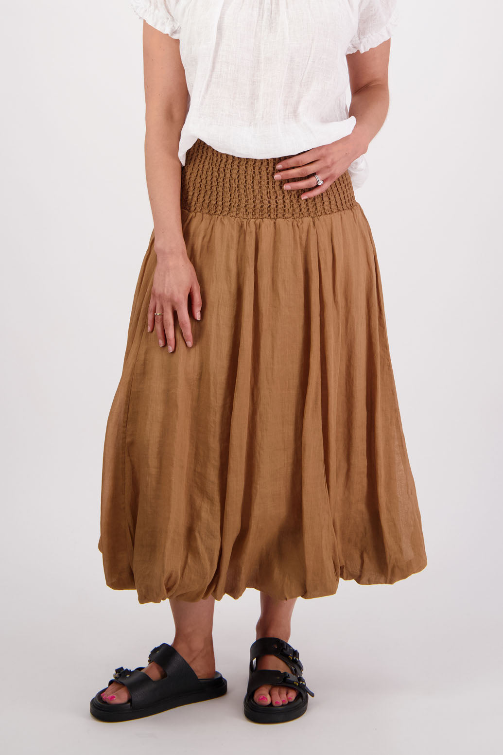 Sarah, women's shirred waist long skirt with bubble hem. Ramie. Briarwood NZ. Tan