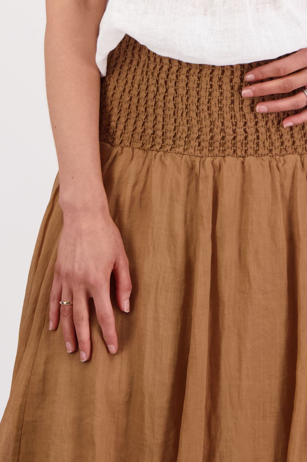 Sarah, women's shirred waist long skirt with bubble hem. Ramie. Briarwood NZ. Tan