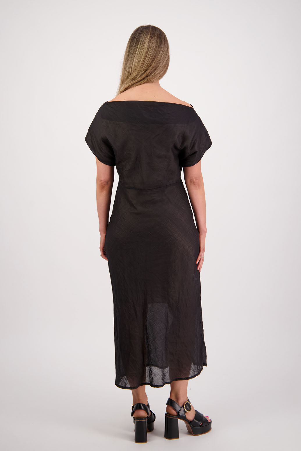 Womens wide neck dress that can be worn off the shoulders, Fully lined, Long length and cut on the bias. Briarwood NZ. Ramie, Black