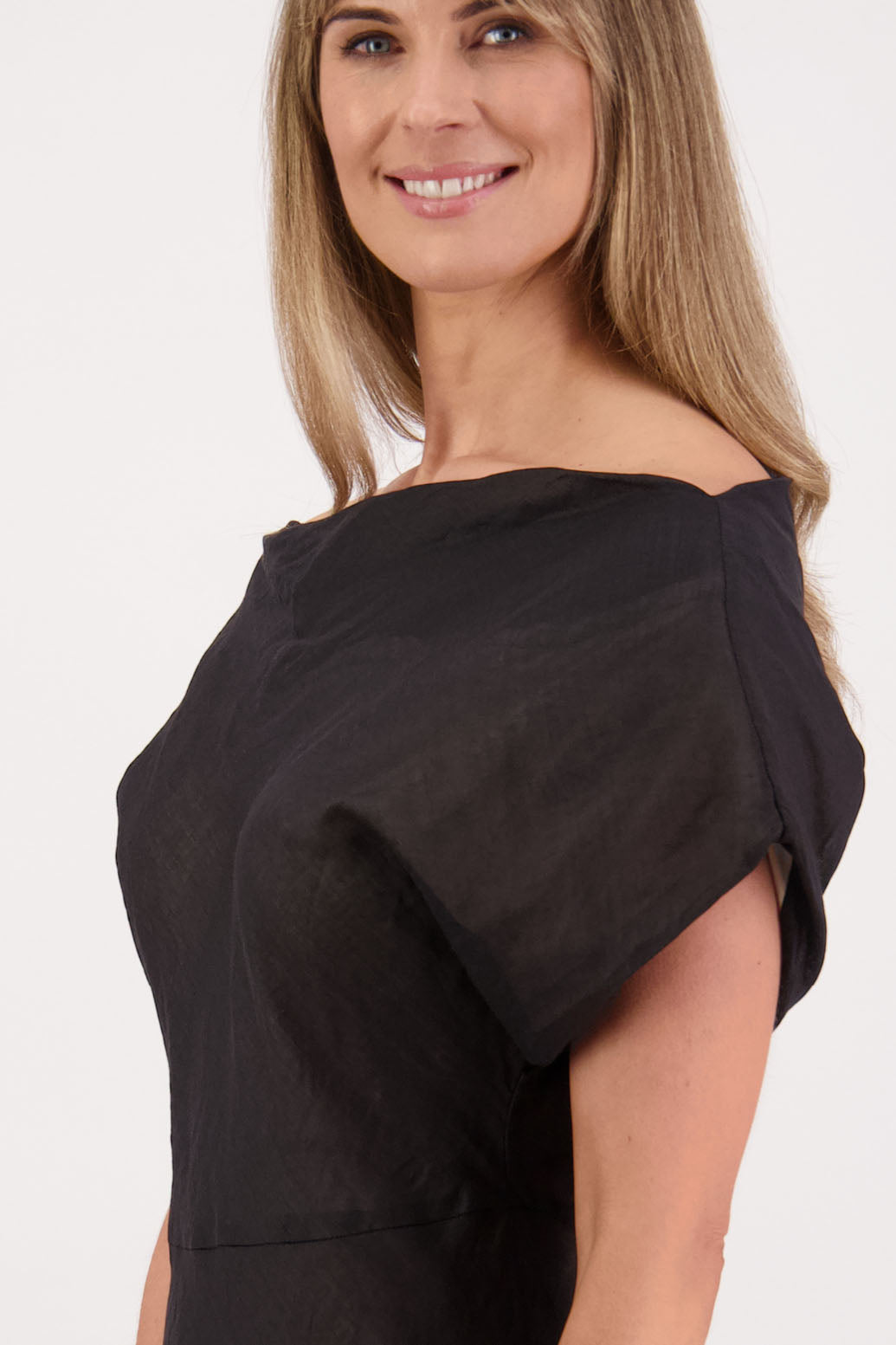 Womens wide neck dress that can be worn off the shoulders, Fully lined, Long length and cut on the bias. Briarwood NZ. Ramie, Black