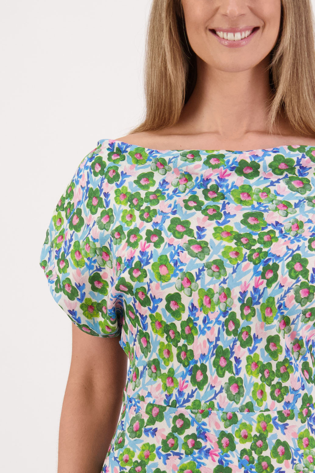 Womens wide neck dress that can be worn off the shoulders, Fully lined, Long length and cut on the bias. Briarwood NZ. Ramie, Daisy Print
