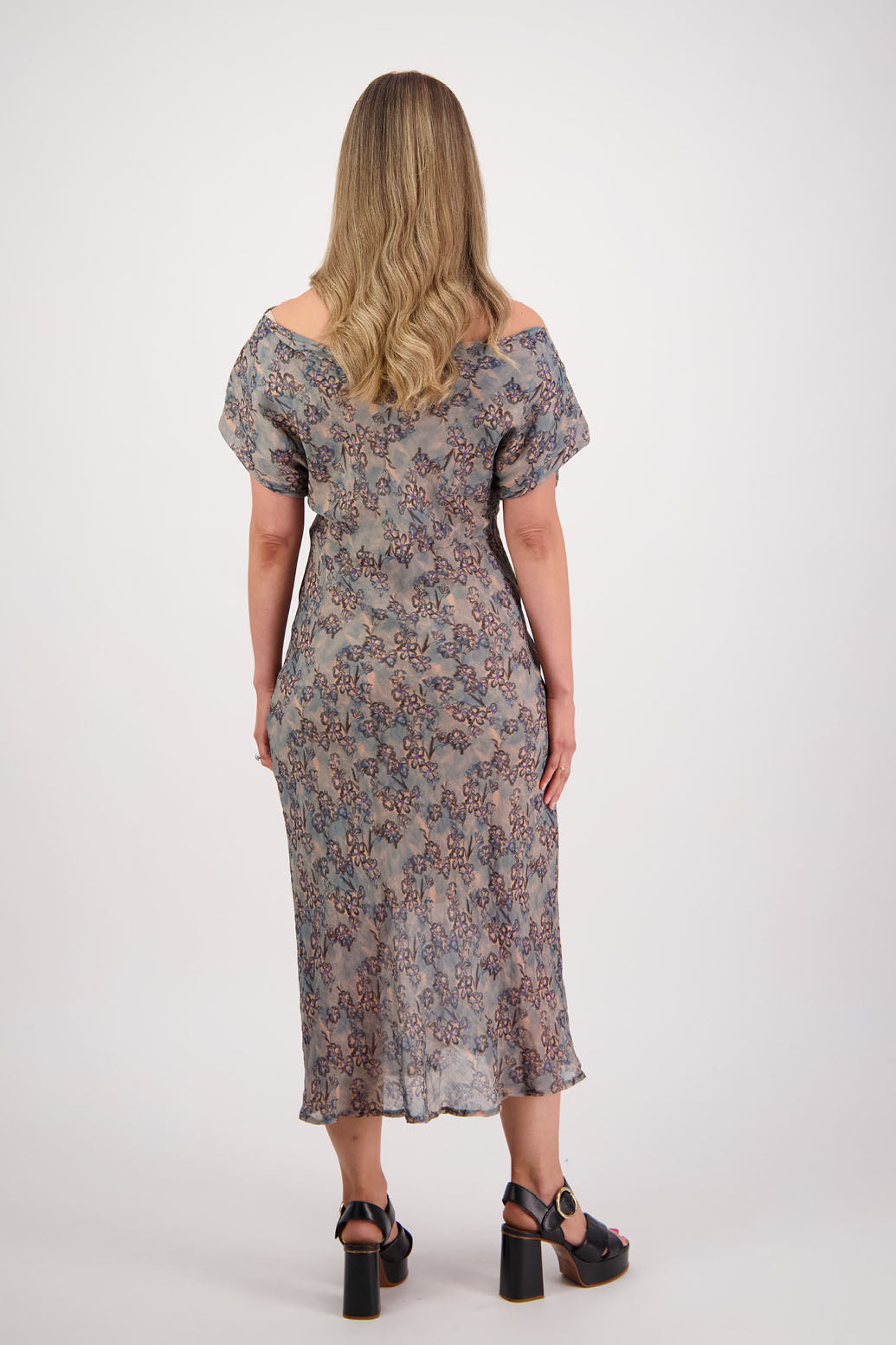 Womens wide neck dress that can be worn off the shoulders, Fully lined, Long length and cut on the bias. Briarwood NZ. Ramie, Denim Daisy Print