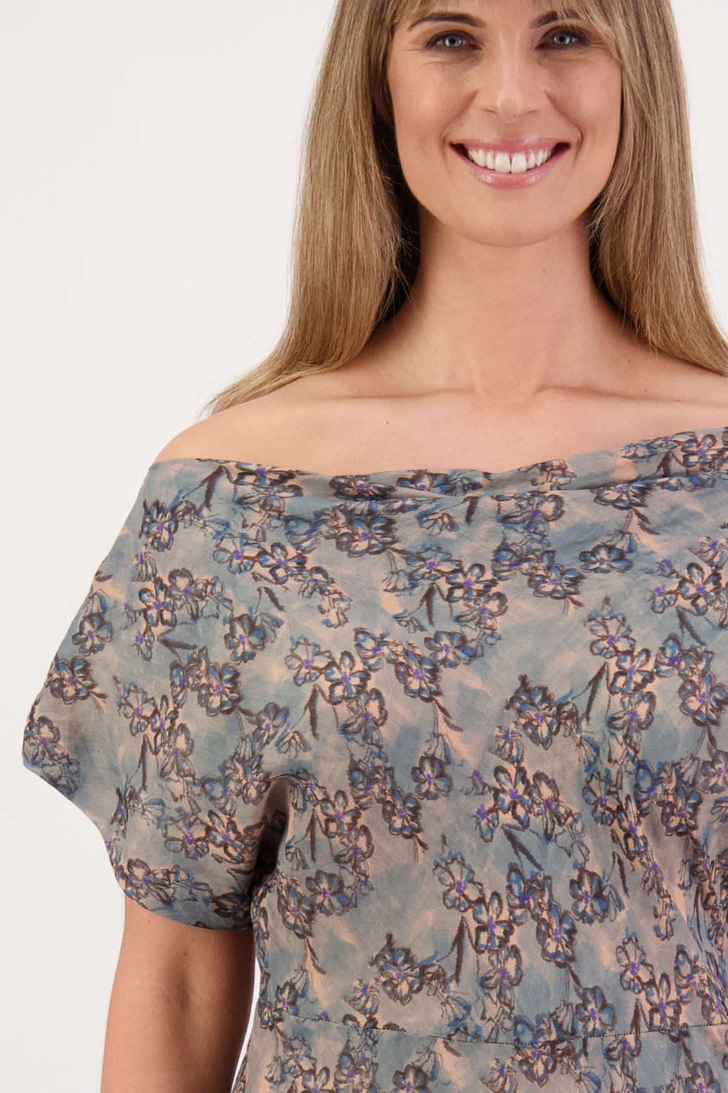 Womens wide neck dress that can be worn off the shoulders, Fully lined, Long length and cut on the bias. Briarwood NZ. Ramie, Denim Daisy Print