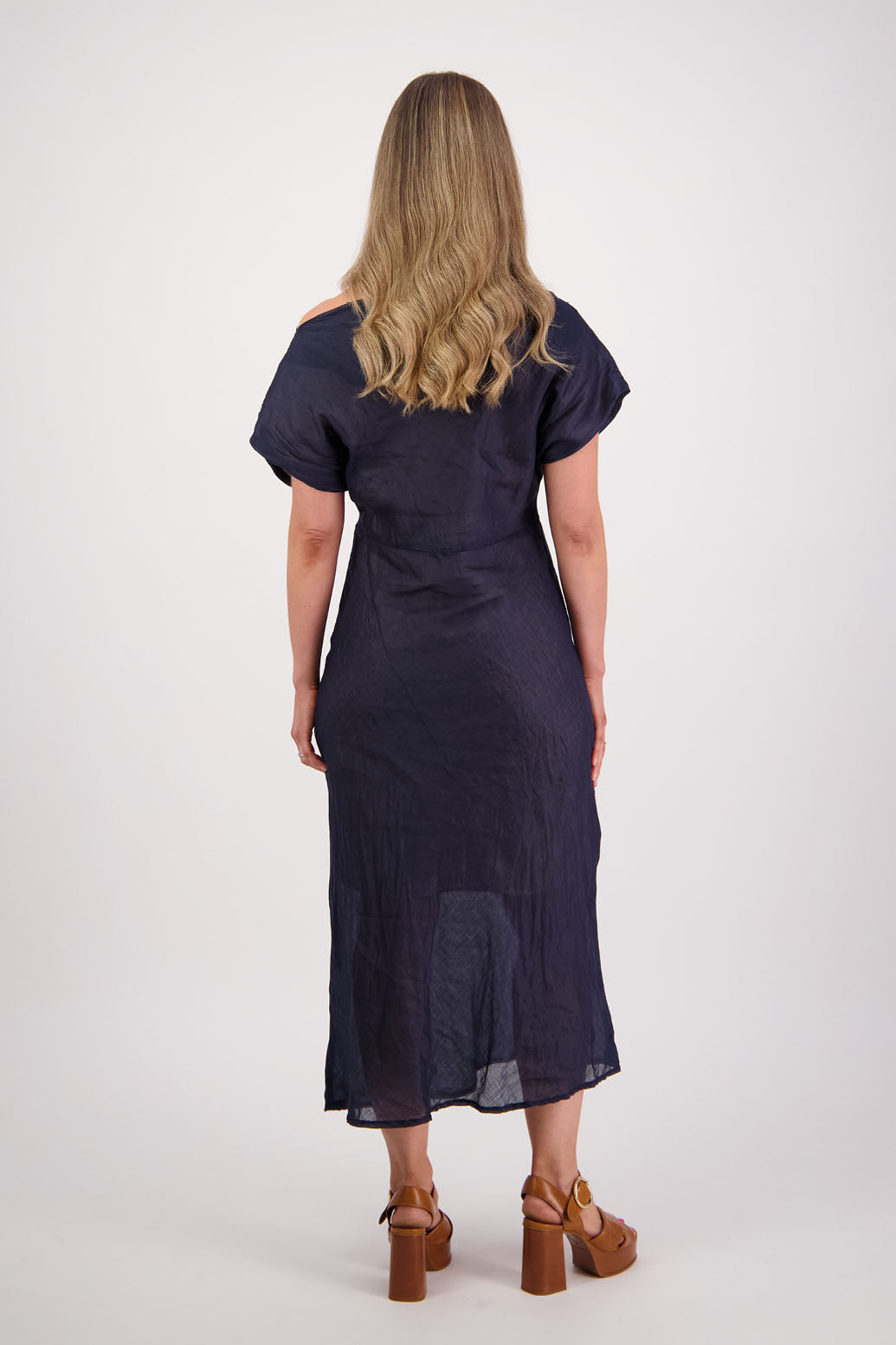 Womens wide neck dress that can be worn off the shoulders, Fully lined, Long length and cut on the bias. Briarwood NZ. Ramie, Ink/dark Blue