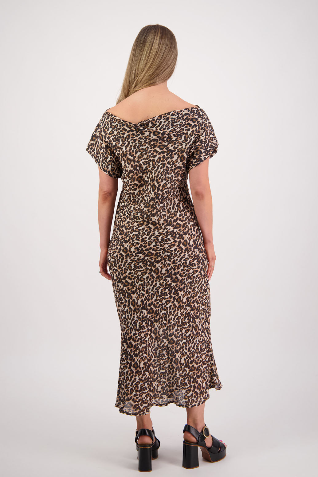 Womens wide neck dress that can be worn off the shoulders, Fully lined, Long length and cut on the bias. Briarwood NZ. Ramie, Leopard Print
