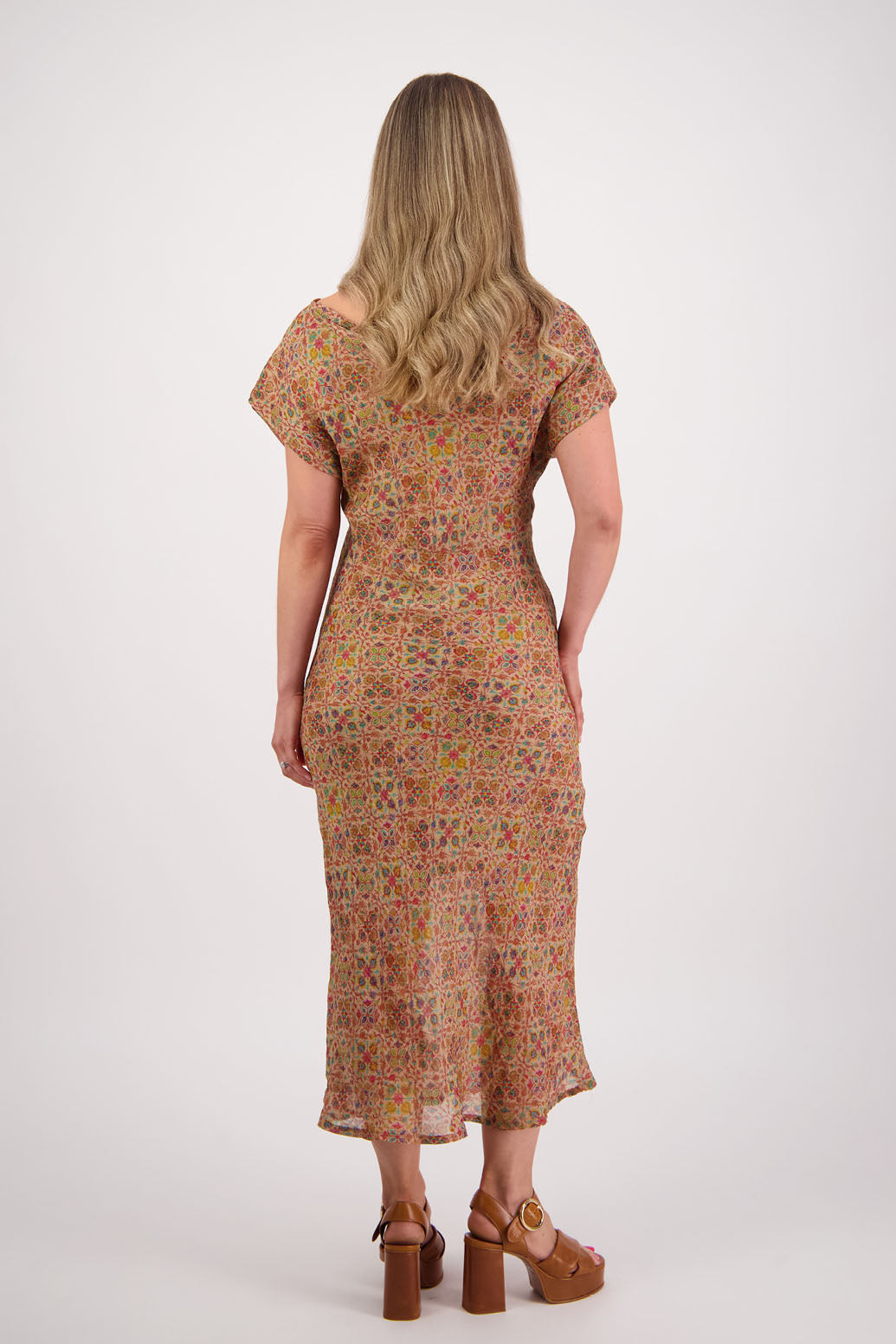 Womens wide neck dress that can be worn off the shoulders, Fully lined, Long length and cut on the bias. Briarwood NZ. Ramie, Little Leaf Print
