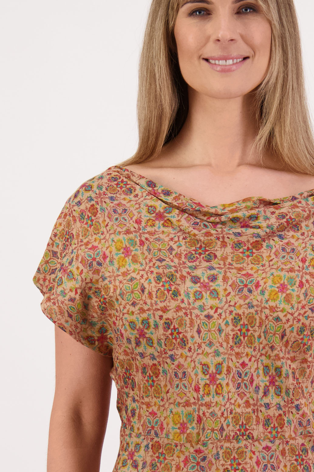 Womens wide neck dress that can be worn off the shoulders, Fully lined, Long length and cut on the bias. Briarwood NZ. Ramie, Little Leaf Print