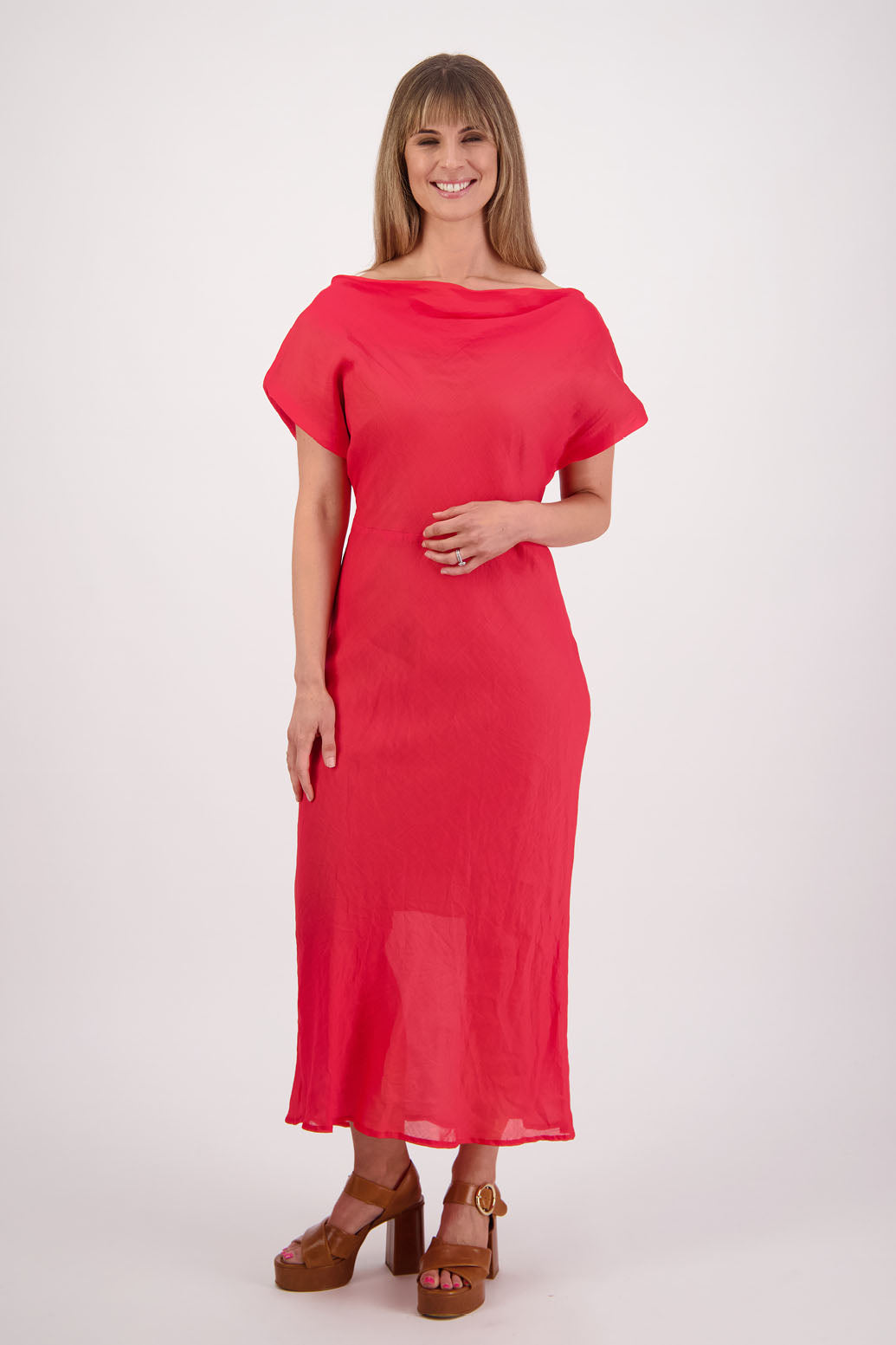 Womens wide neck dress that can be worn off the shoulders, Fully lined, Long length and cut on the bias. Briarwood NZ. Ramie, Red