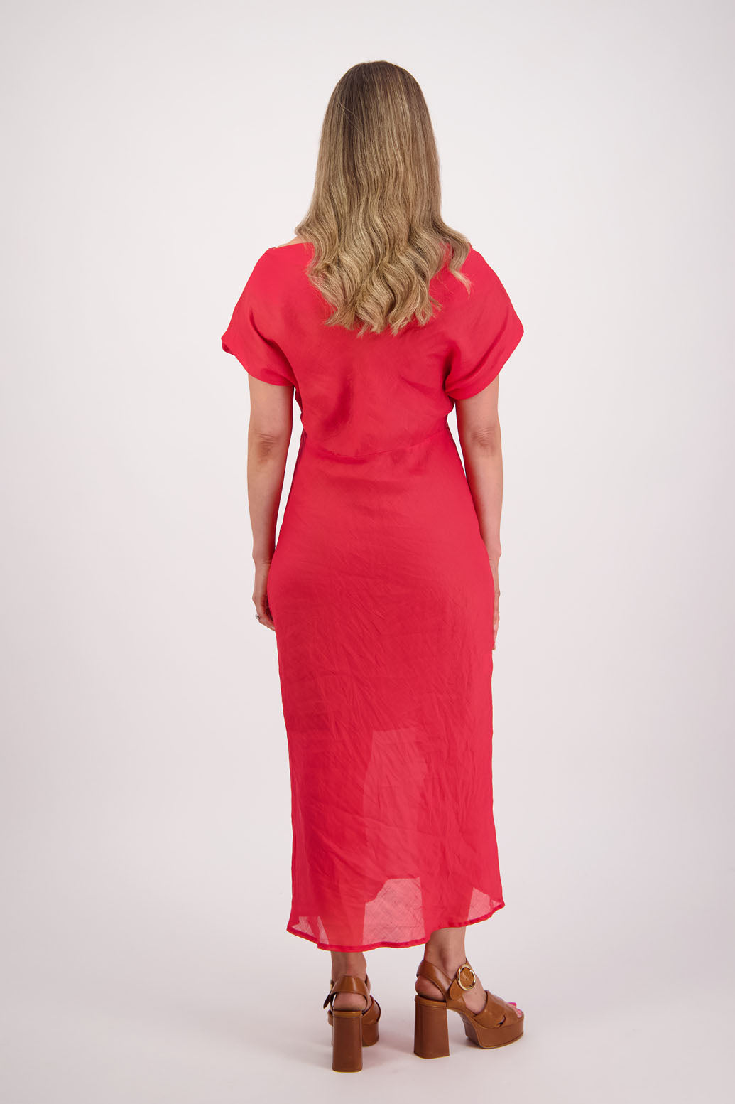 Womens wide neck dress that can be worn off the shoulders, Fully lined, Long length and cut on the bias. Briarwood NZ. Ramie, Red