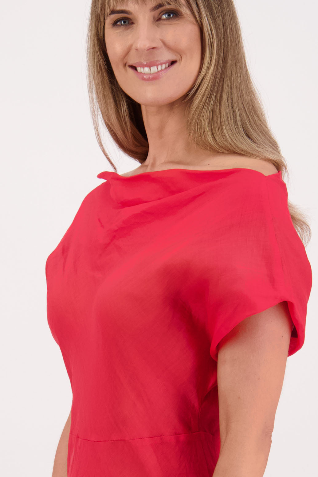 Womens wide neck dress that can be worn off the shoulders, Fully lined, Long length and cut on the bias. Briarwood NZ. Ramie, Red