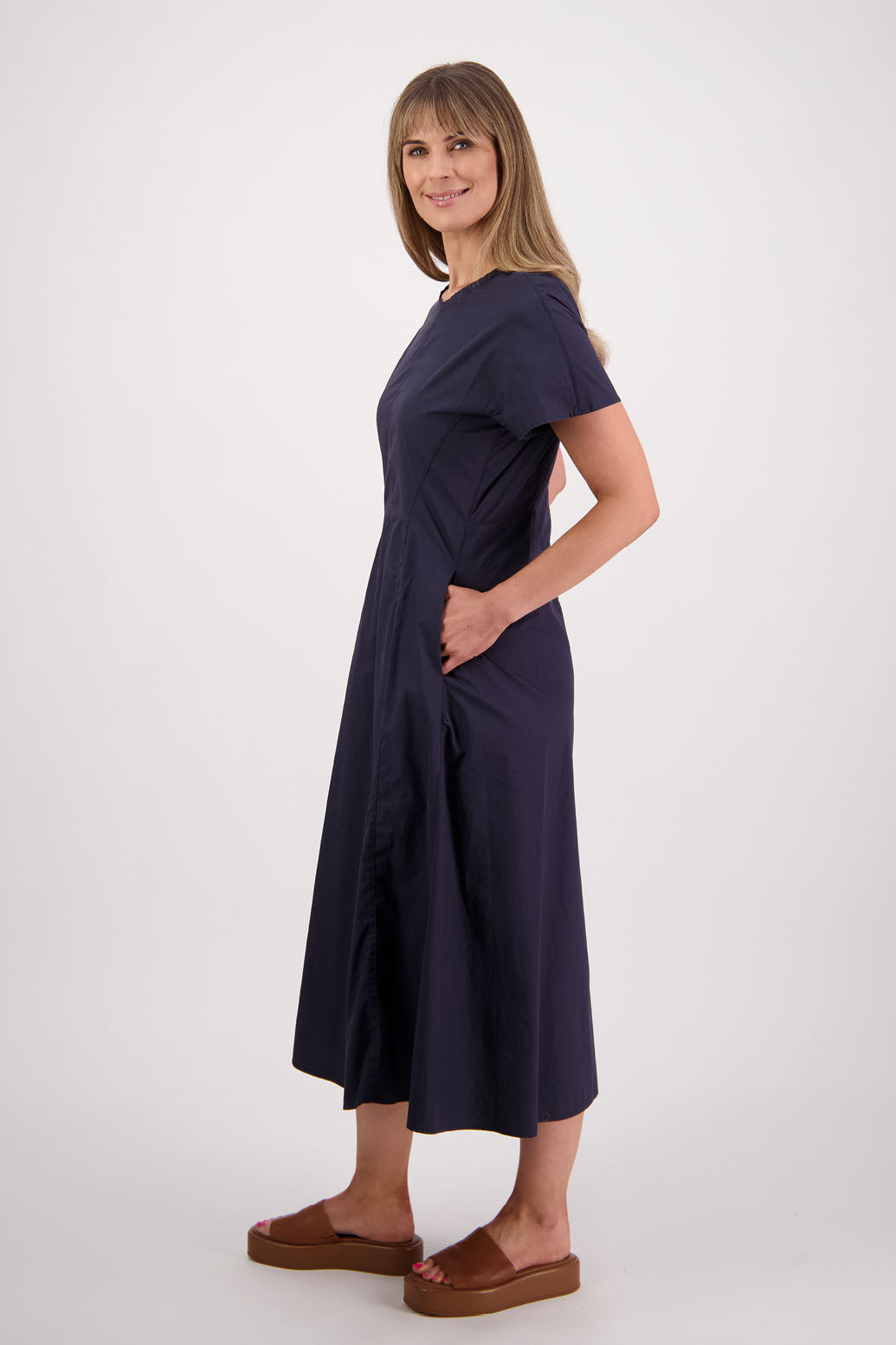 Womens shaped and waisted Ink/Navy dress with A-Line skirt, cap sleeves and zip up the back. Briarwood NZ. Cotton Poplin. Saunders