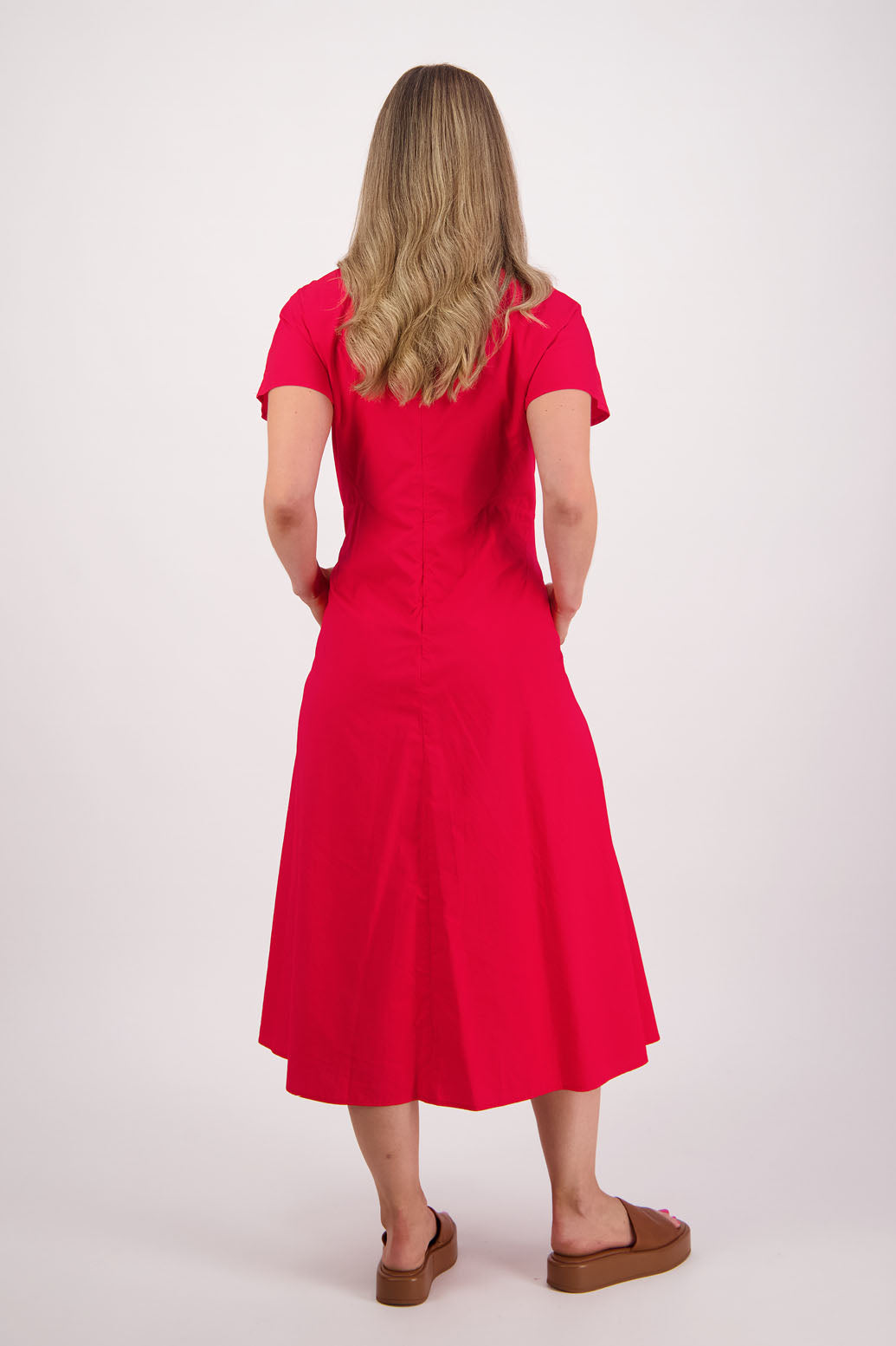 Womens shaped and waisted Red dress with A-Line skirt, cap sleeves and zip up the back. Briarwood NZ. Cotton Poplin. Saunders