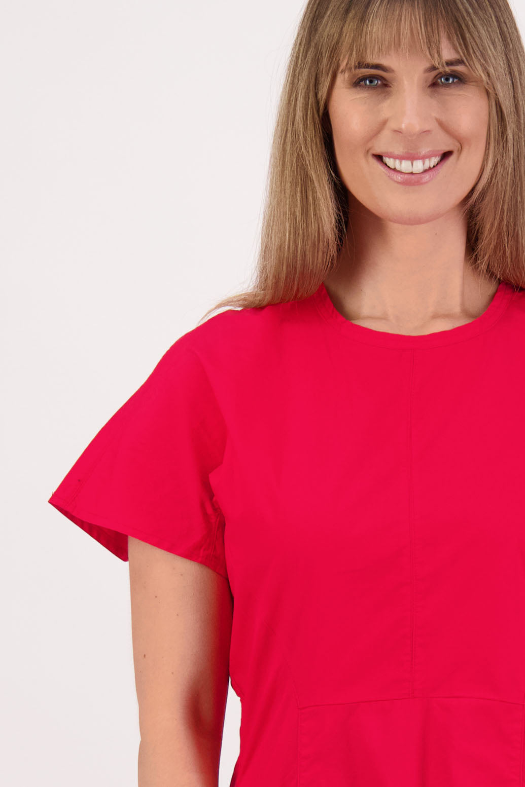 Womens shaped and waisted Red dress with A-Line skirt, cap sleeves and zip up the back. Briarwood NZ. Cotton Poplin. Saunders