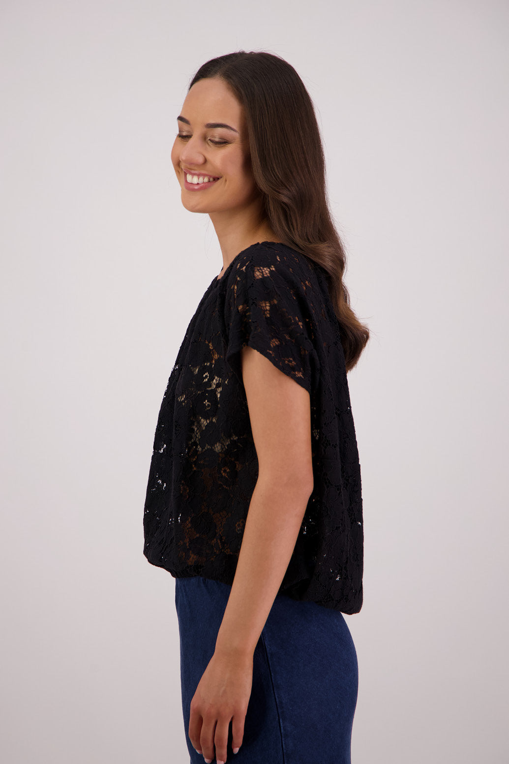 Side view Briarwood Scarlett Black Lace Top.