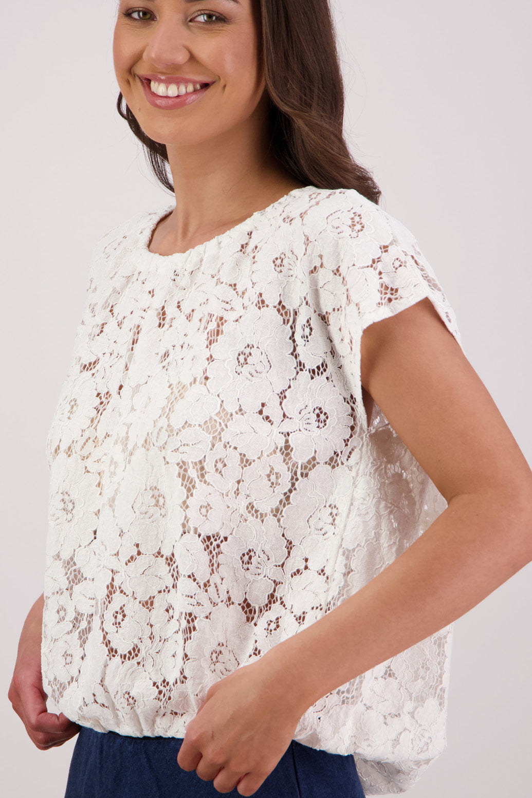 Close up side Briarwood Scarlett White Lace Top.
