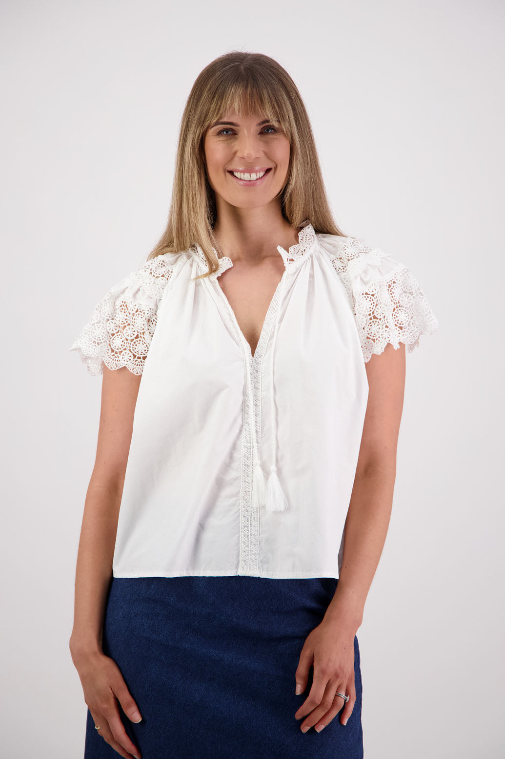 Womens short sleeve white top with lace trim sleeves and lace trim down the front. Briarwood NZ. Cotton Poplin / Lace. Sebbie