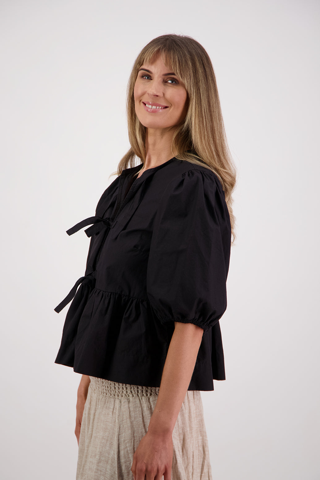 Selena Black Cotton Poplin Top