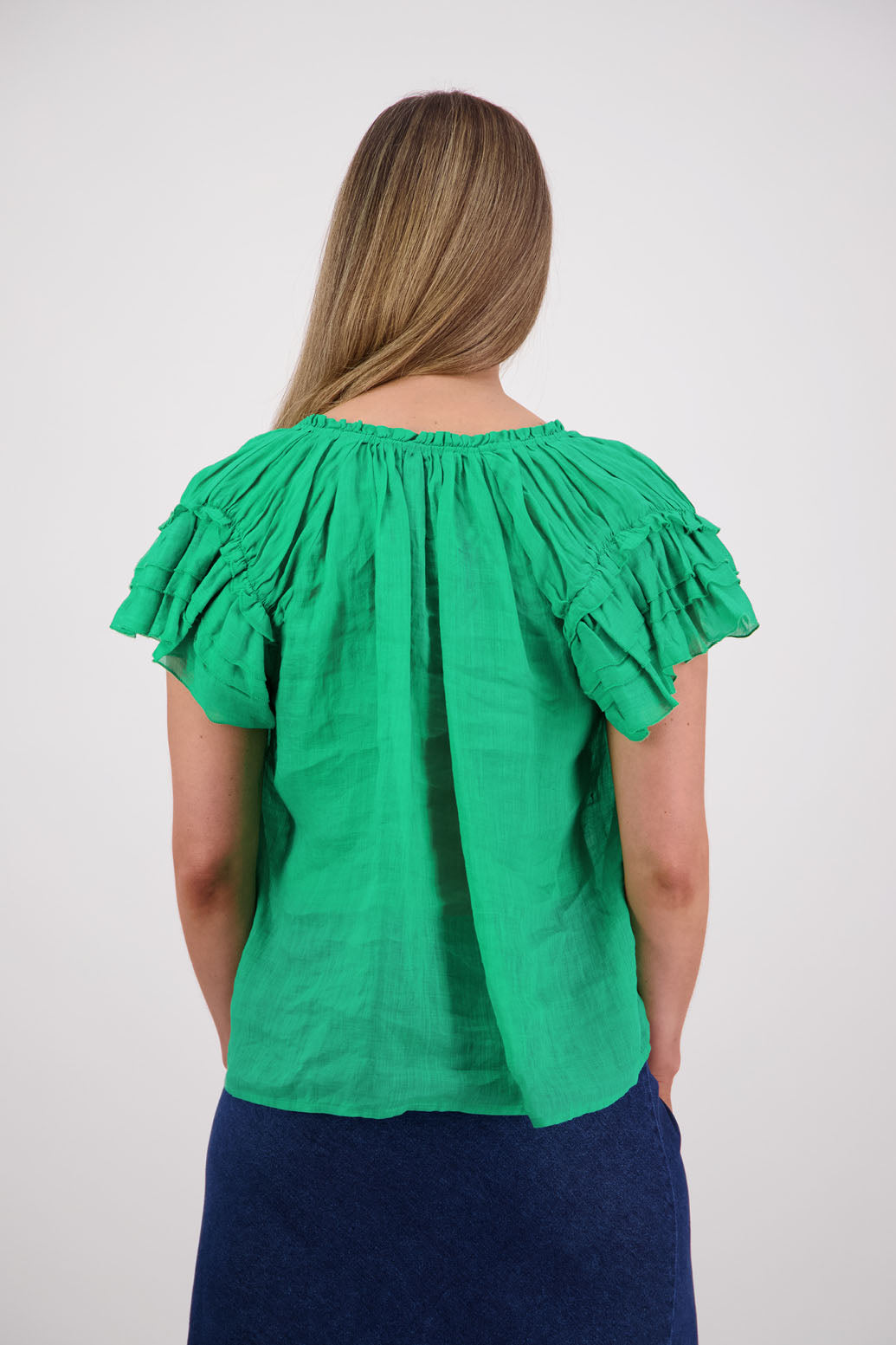 Shakespeare a soft floaty top with flattering layered short sleeves. Briarwood NZ. Ramie, Apple