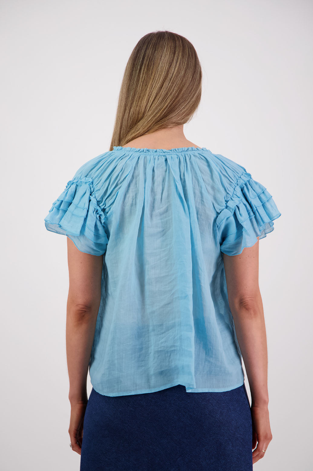 Shakespeare a soft floaty top with flattering layered short sleeves. Briarwood NZ. Ramie, Aqua