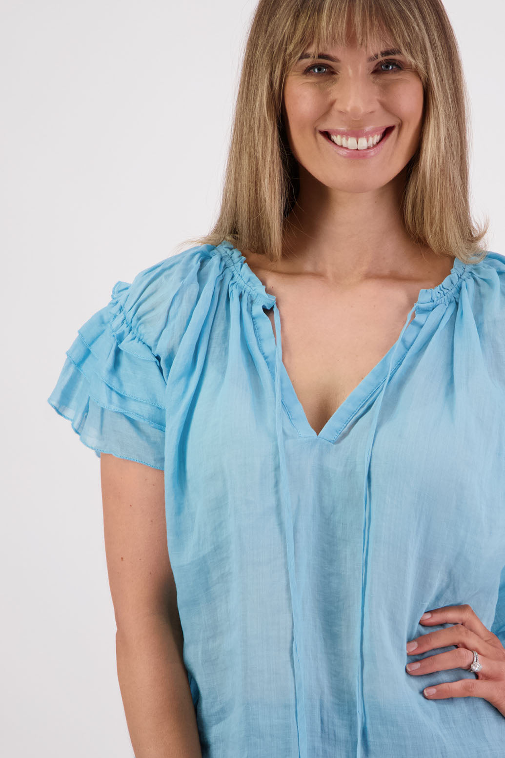 Shakespeare a soft floaty top with flattering layered short sleeves. Briarwood NZ. Ramie, Aqua