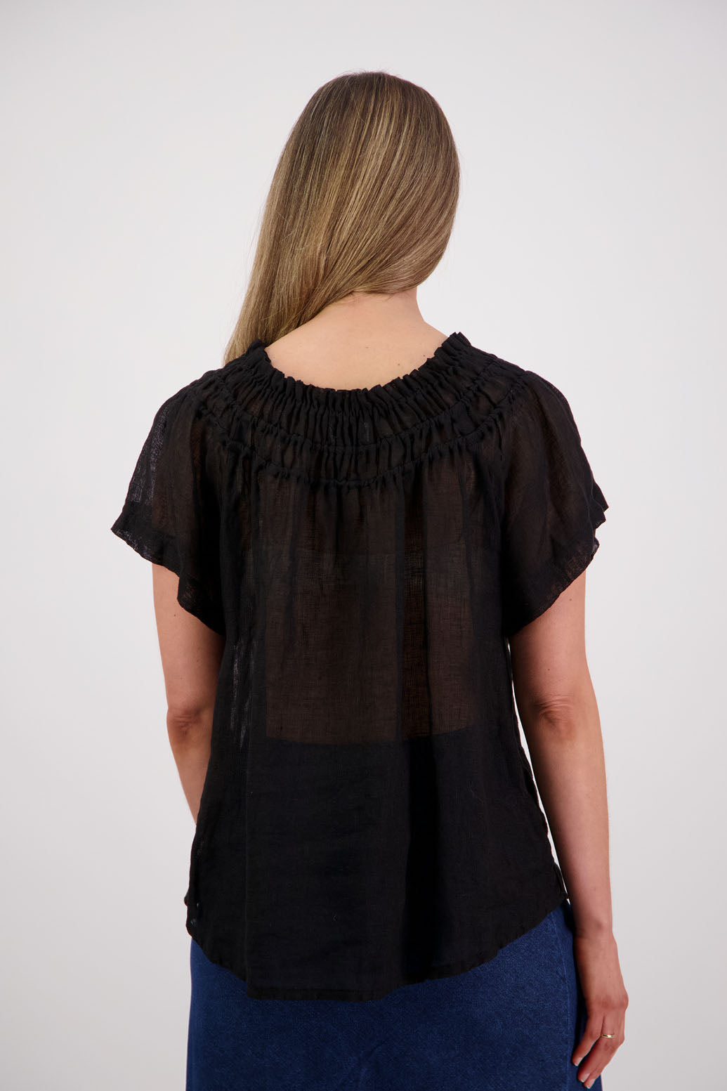 Womens longline linen top with short sleeves and elastic panels around neckline. Briarwood NZ. Shelley, Black
