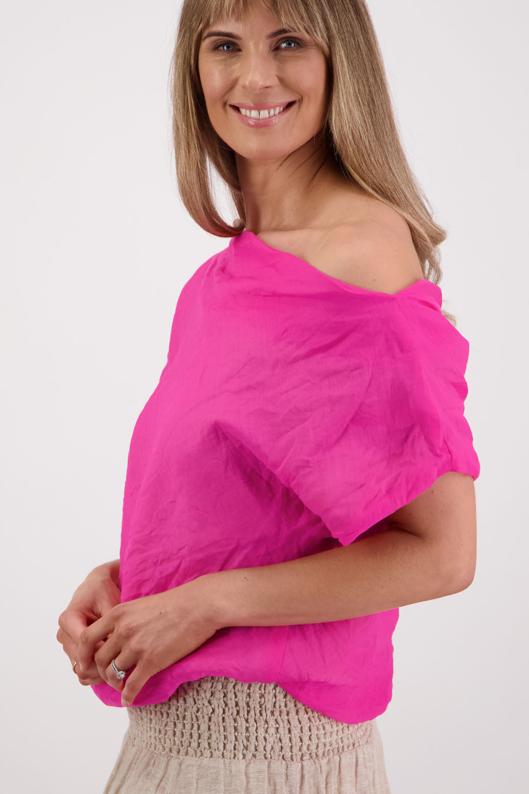 Women's Wide Neck Top that can be worn off the shoudler. Ramie. Briarwood NZ. Fuchsia, Sissy
