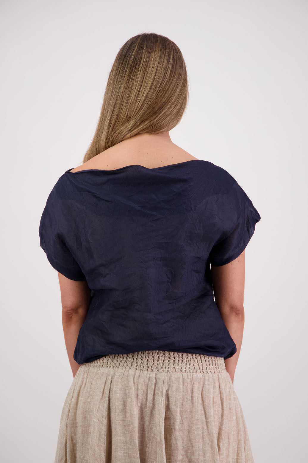 Women's Wide Neck Top that can be worn off the shoudler. Ramie. Briarwood NZ. Ink/Navy, Sissy