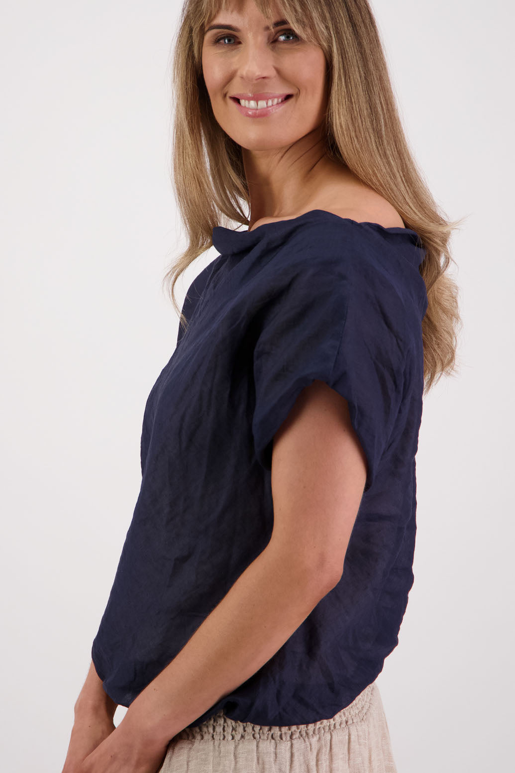 Women's Wide Neck Top that can be worn off the shoudler. Ramie. Briarwood NZ. Ink/Navy, Sissy