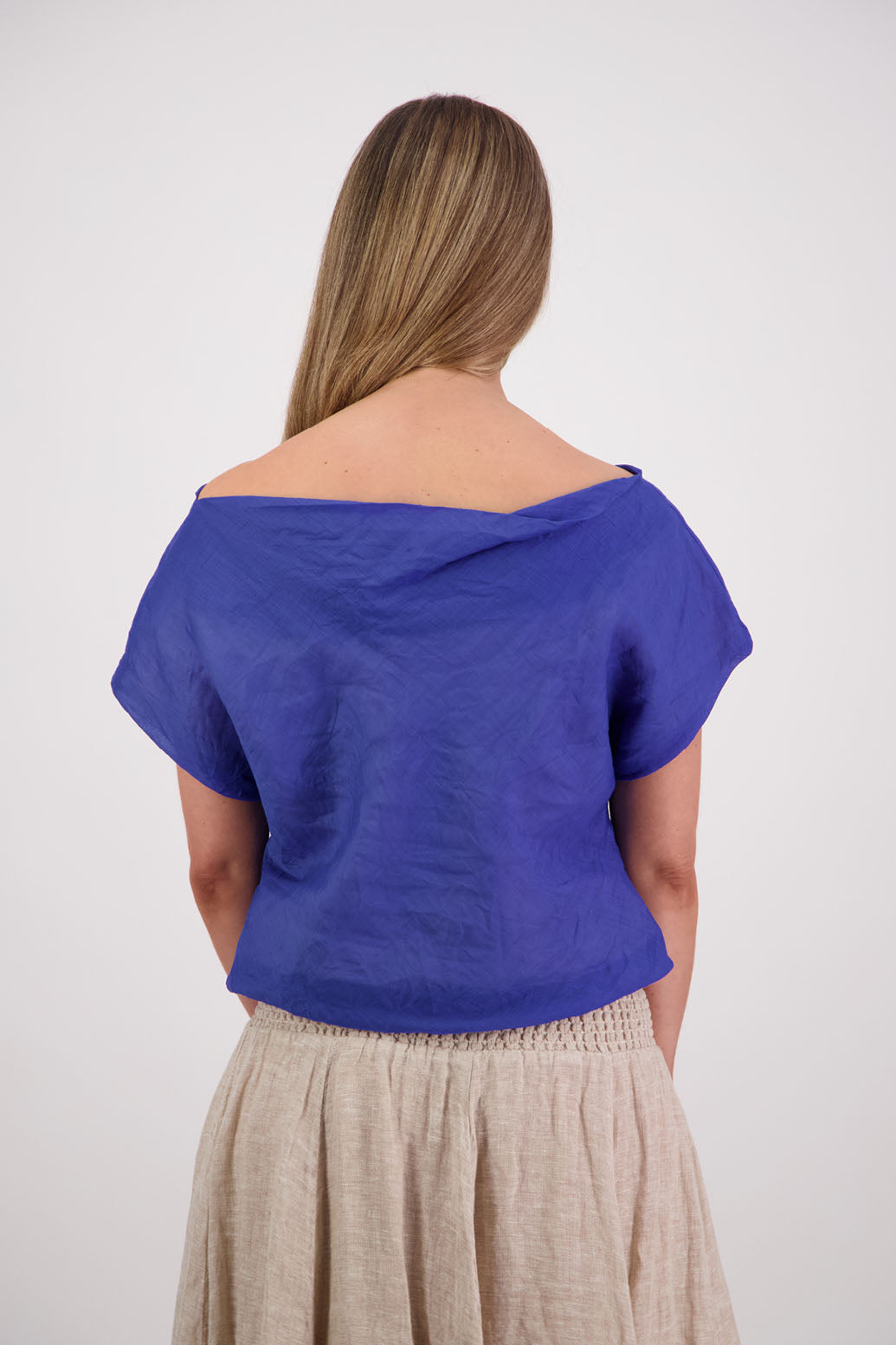 Women's Wide Neck Top that can be worn off the shoudler. Ramie. Briarwood NZ. Royal
