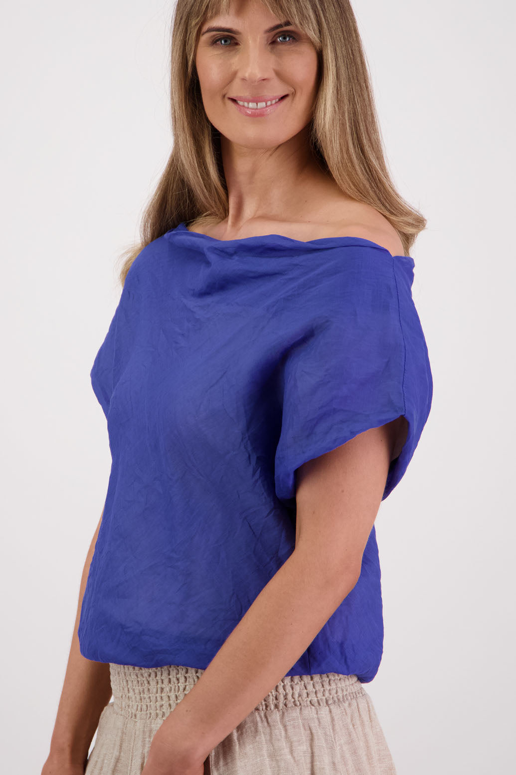 Women's Wide Neck Top that can be worn off the shoudler. Ramie. Briarwood NZ. Royal, Sissy