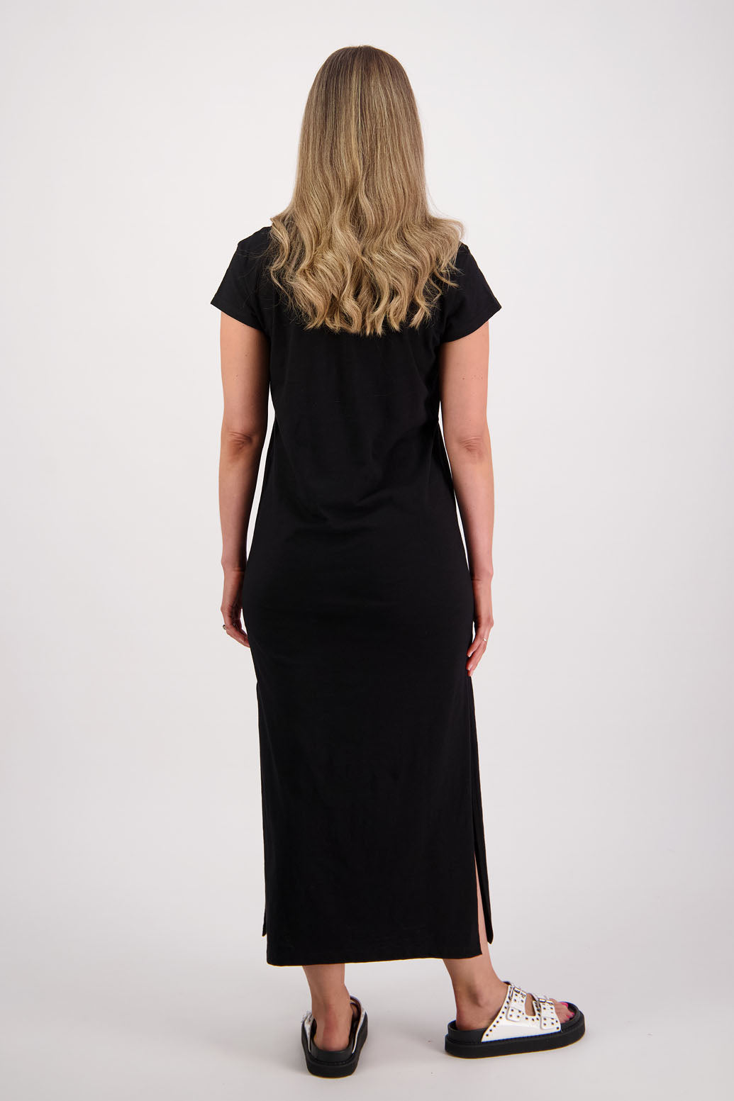 Women's long straight cotton t-shirt dress with cap sleeves and side splits. Briarwood NZ. Skinner, Black