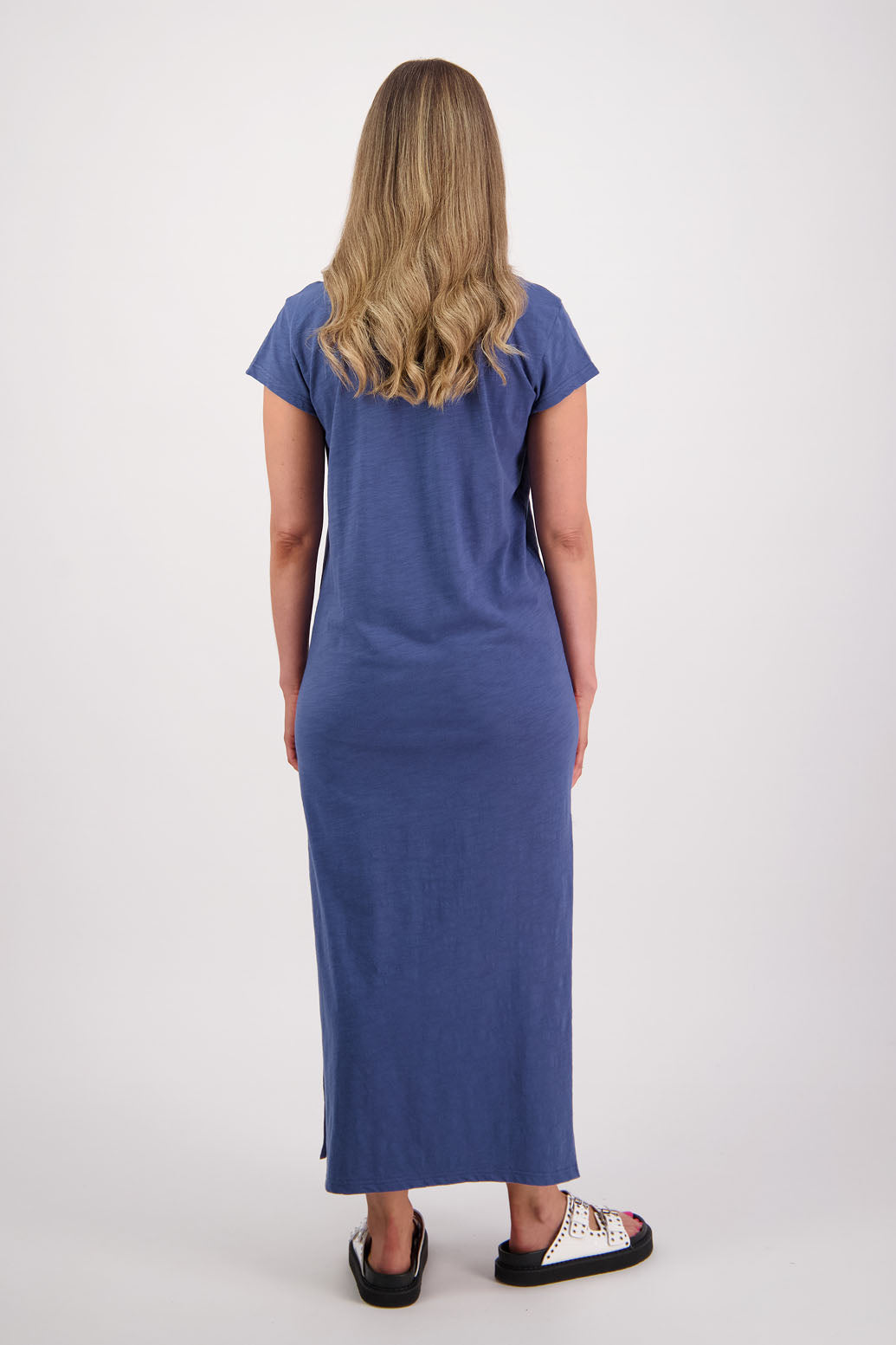 Women's long straight cotton t-shirt dress with cap sleeves and side splits. Briarwood NZ. Skinner, Denim Blue