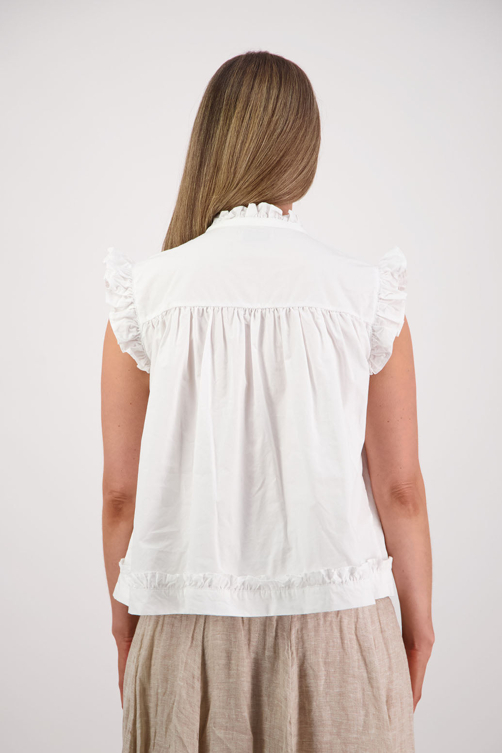 Womens white short sleeve wide top with V neck + tie, and small ruffle on the yolk, hem and sleeves. Briarwood NZ. Cotton Poplin. Skye