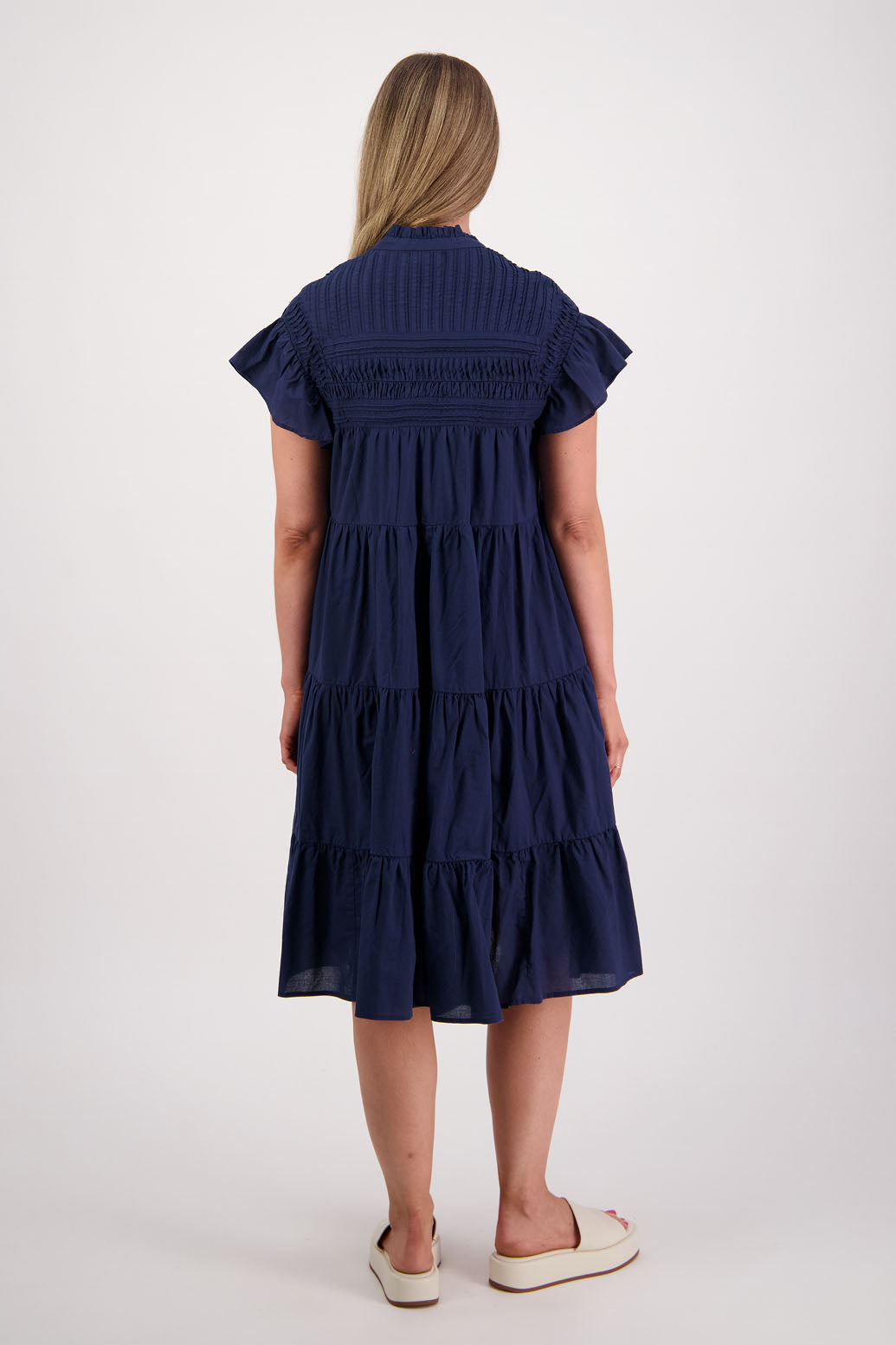 Womens Ink Cotton Voile dress. Below the knee length, 3-tier dress with ruffle sleeves. Briarwood NZ. Sonia