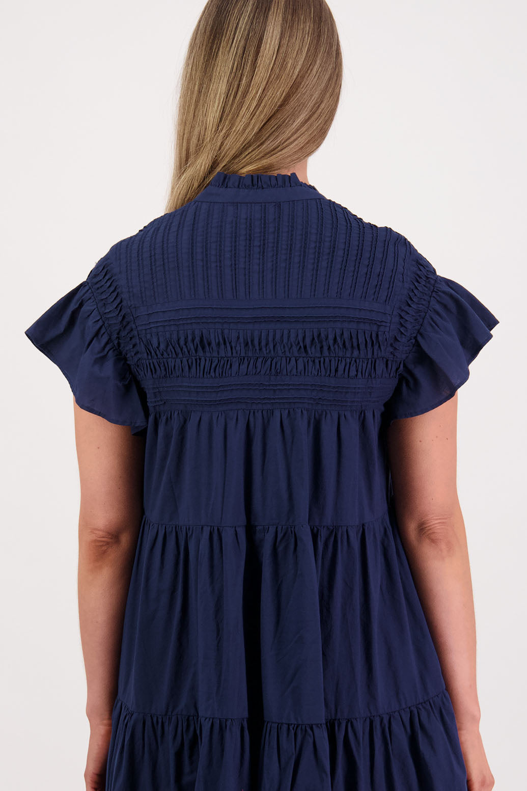 Womens Ink Cotton Voile dress. Below the knee length, 3-tier dress with ruffle sleeves. Briarwood NZ. Sonia